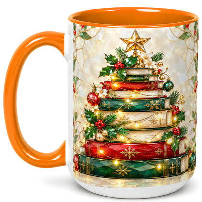 #pl[15oz|Orange] Christmas Book Tree Coffee Mug, Holiday Mug, Ceramic Cup