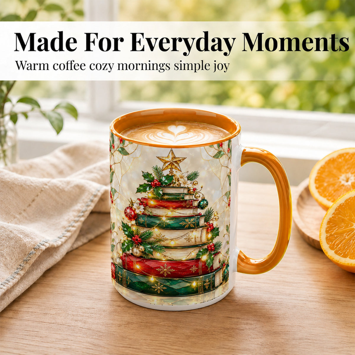 #pl[15oz|Orange] Christmas Book Tree Coffee Mug, Holiday Mug, Ceramic Cup