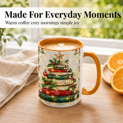 #pl[15oz|Orange] Christmas Book Tree Coffee Mug, Holiday Mug, Ceramic Cup