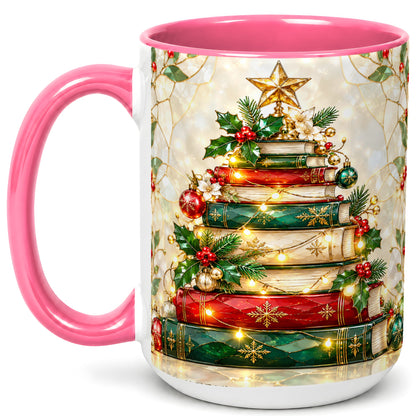 #pl[15oz|Pink] Christmas Book Tree Coffee Mug, Holiday Mug, Ceramic Cup