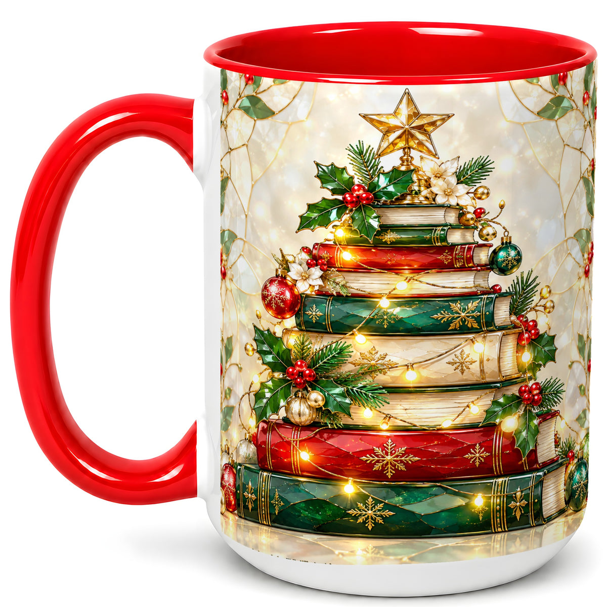 #pl[15oz|Red] Christmas Book Tree Coffee Mug, Holiday Mug, Ceramic Cup