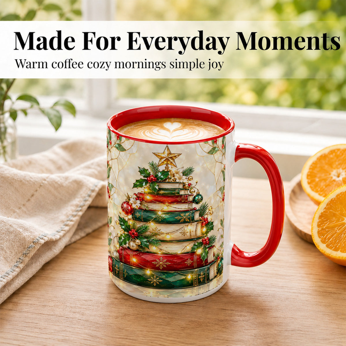 #pl[15oz|Red] Christmas Book Tree Coffee Mug, Holiday Mug, Ceramic Cup
