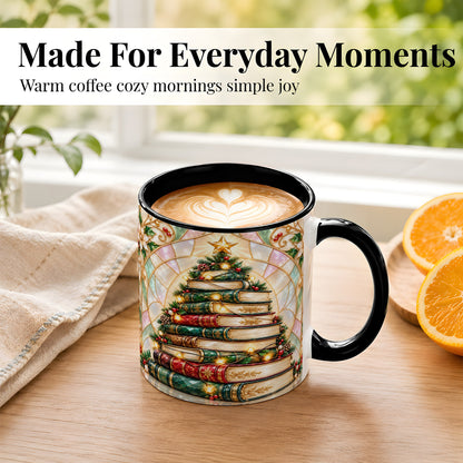 #pl[11oz|Black] Christmas Book Tree Coffee Mug, Holiday Books Mug, Ceramic Cup
