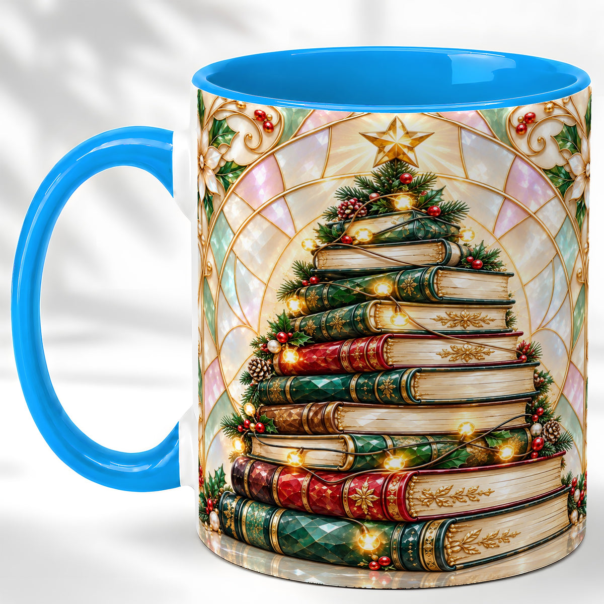 #pl[11oz|Blue] Christmas Book Tree Coffee Mug, Holiday Books Mug, Ceramic Cup