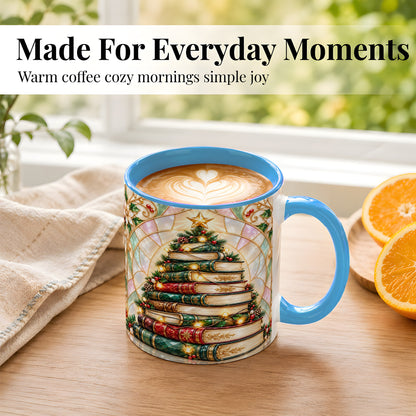 #pl[11oz|Blue] Christmas Book Tree Coffee Mug, Holiday Books Mug, Ceramic Cup