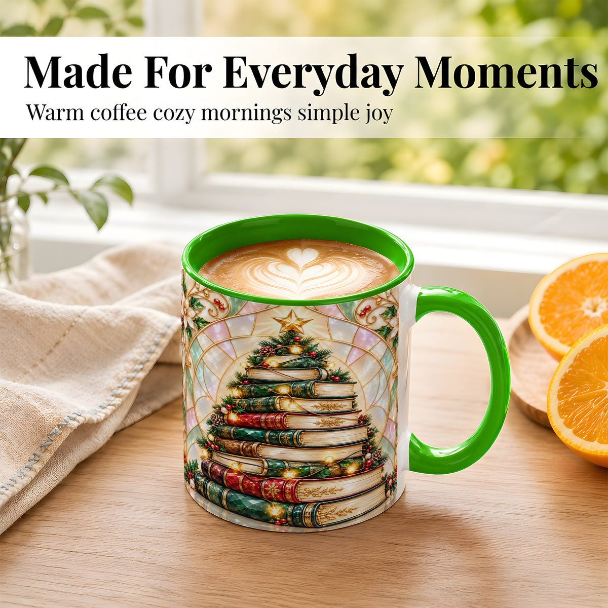 #pl[11oz|Green] Christmas Book Tree Coffee Mug, Holiday Books Mug, Ceramic Cup