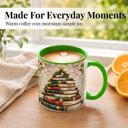 #pl[11oz|Green] Christmas Book Tree Coffee Mug, Holiday Books Mug, Ceramic Cup