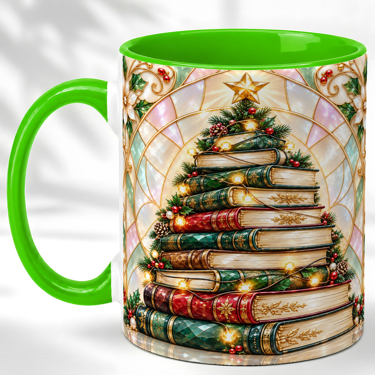 #pl[11oz|Green] Christmas Book Tree Coffee Mug, Holiday Books Mug, Ceramic Cup