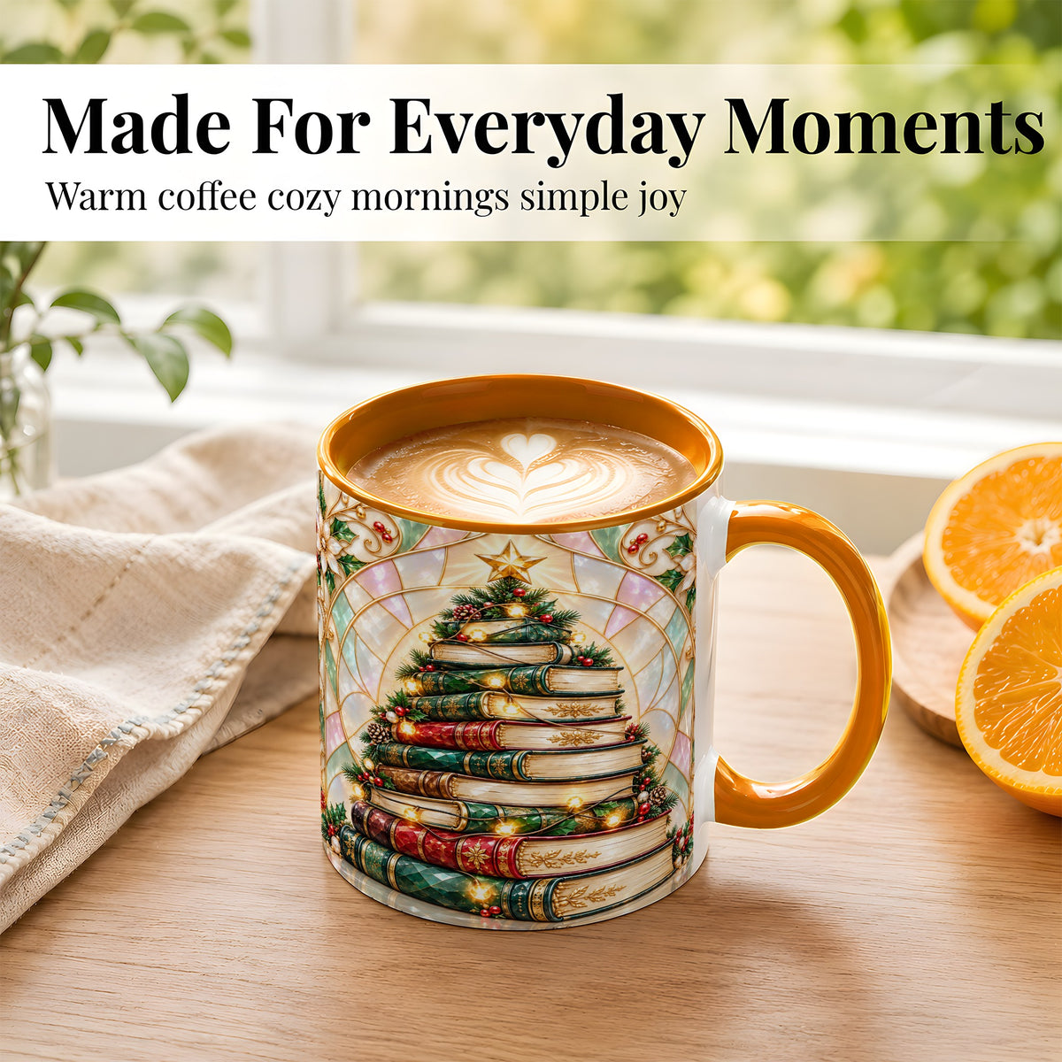 #pl[11oz|Orange] Christmas Book Tree Coffee Mug, Holiday Books Mug, Ceramic Cup