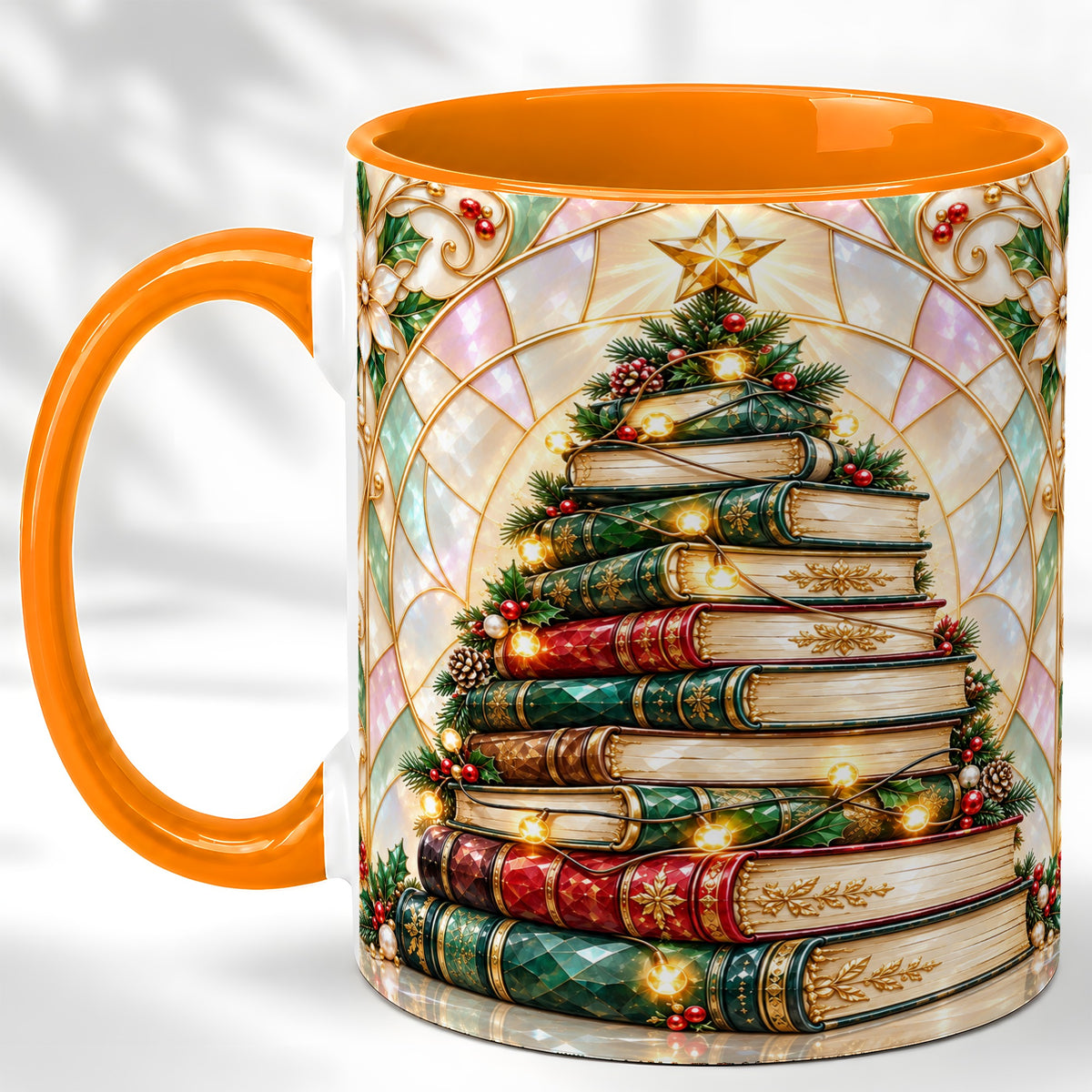 #pl[11oz|Orange] Christmas Book Tree Coffee Mug, Holiday Books Mug, Ceramic Cup