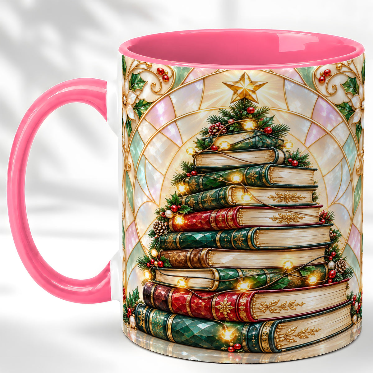 #pl[11oz|Pink] Christmas Book Tree Coffee Mug, Holiday Books Mug, Ceramic Cup