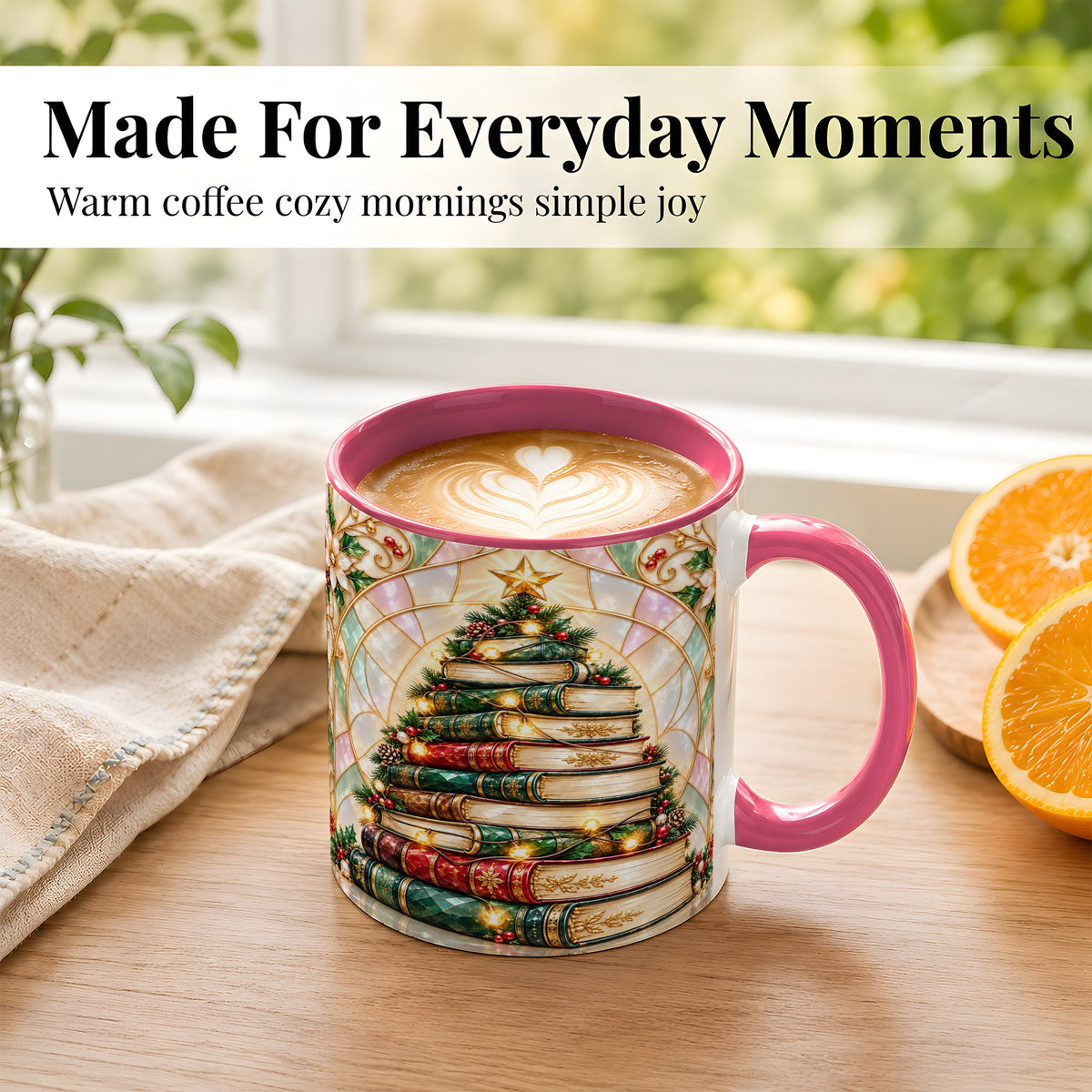 #pl[11oz|Pink] Christmas Book Tree Coffee Mug, Holiday Books Mug, Ceramic Cup