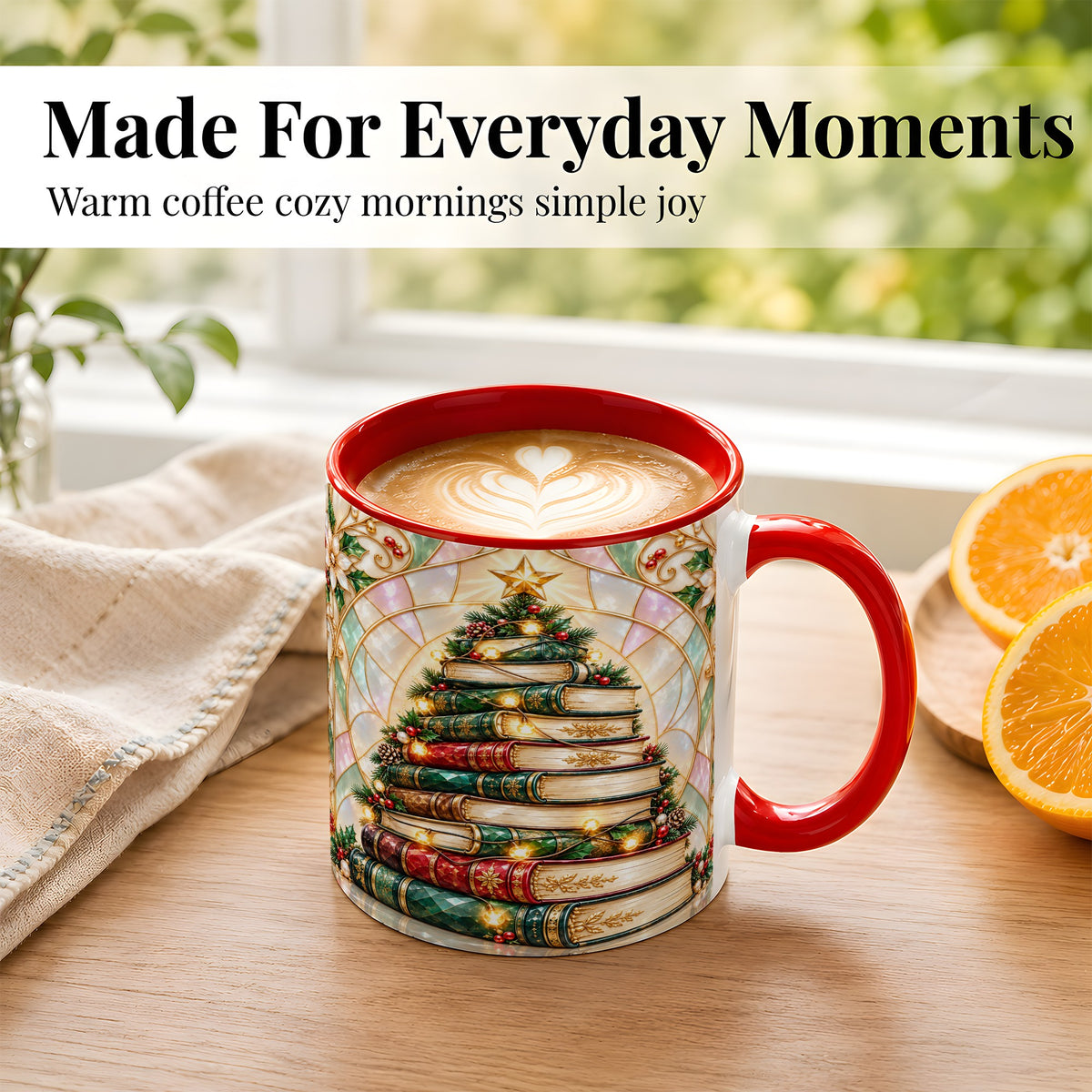 #pl[11oz|Red] Christmas Book Tree Coffee Mug, Holiday Books Mug, Ceramic Cup