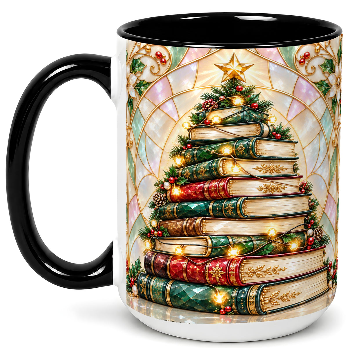 #pl[15oz|Black] Christmas Book Tree Coffee Mug, Holiday Books Mug, Ceramic Cup