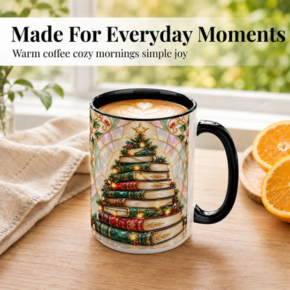 #pl[15oz|Black] Christmas Book Tree Coffee Mug, Holiday Books Mug, Ceramic Cup