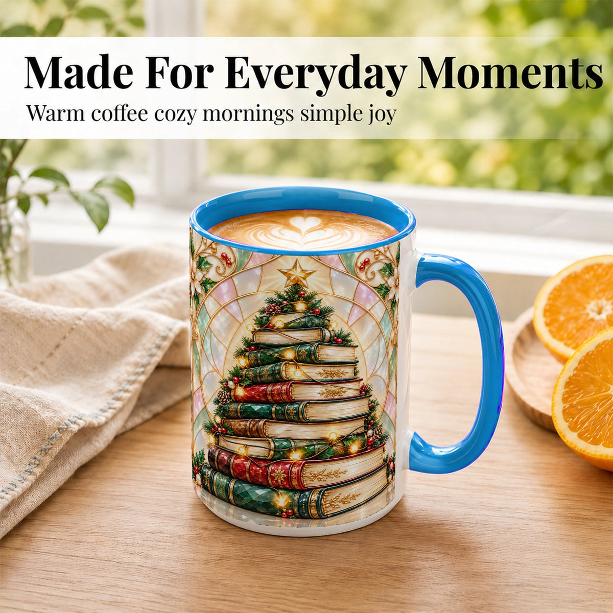 #pl[15oz|Blue] Christmas Book Tree Coffee Mug, Holiday Books Mug, Ceramic Cup