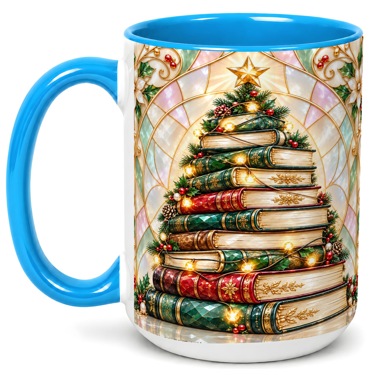 #pl[15oz|Blue] Christmas Book Tree Coffee Mug, Holiday Books Mug, Ceramic Cup