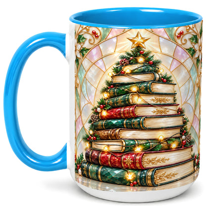 #pl[15oz|Blue] Christmas Book Tree Coffee Mug, Holiday Books Mug, Ceramic Cup