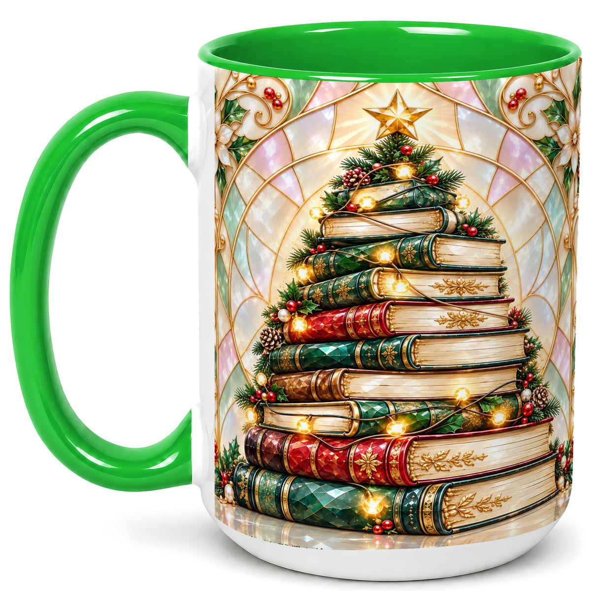 #pl[15oz|Green] Christmas Book Tree Coffee Mug, Holiday Books Mug, Ceramic Cup