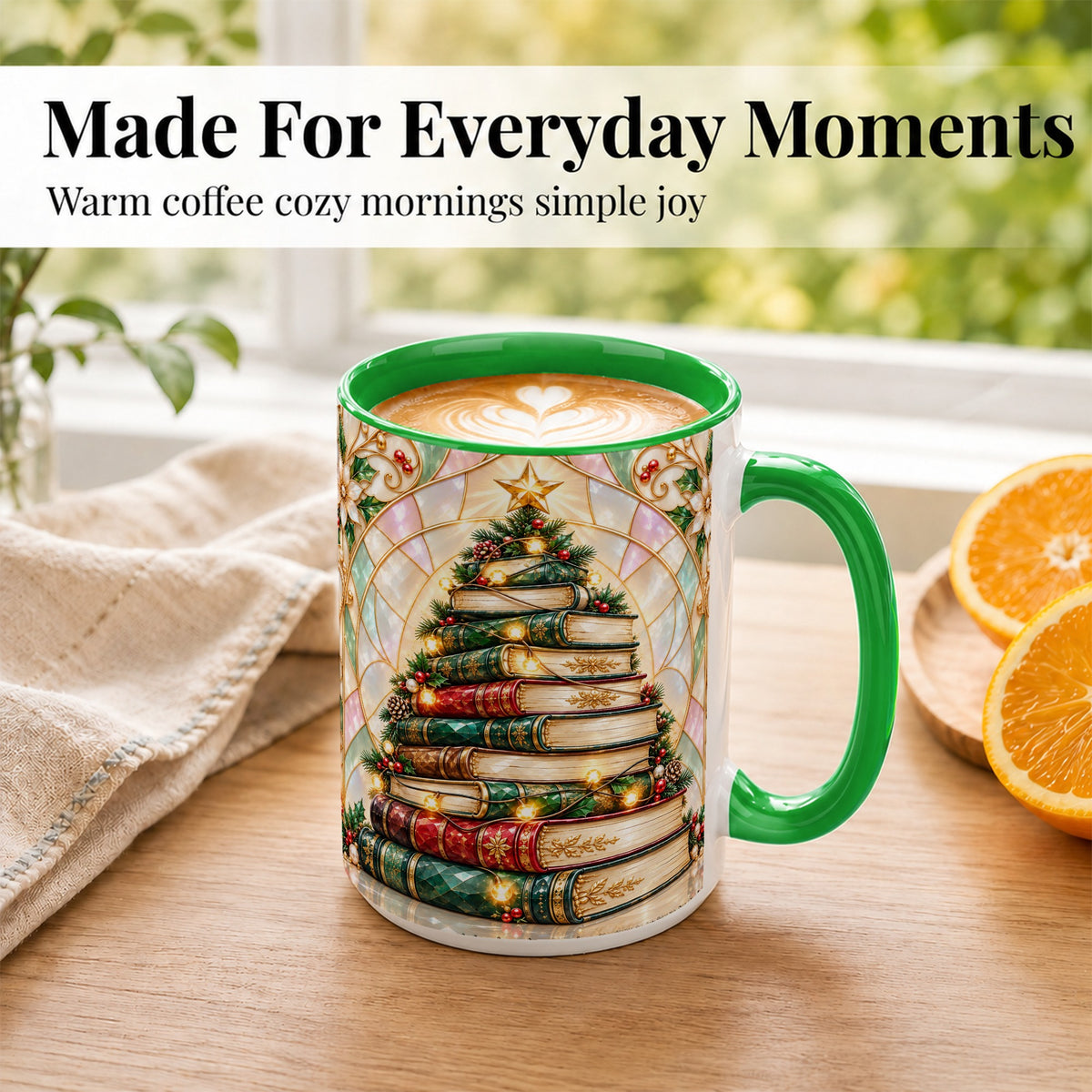 #pl[15oz|Green] Christmas Book Tree Coffee Mug, Holiday Books Mug, Ceramic Cup