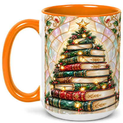 #pl[15oz|Orange] Christmas Book Tree Coffee Mug, Holiday Books Mug, Ceramic Cup