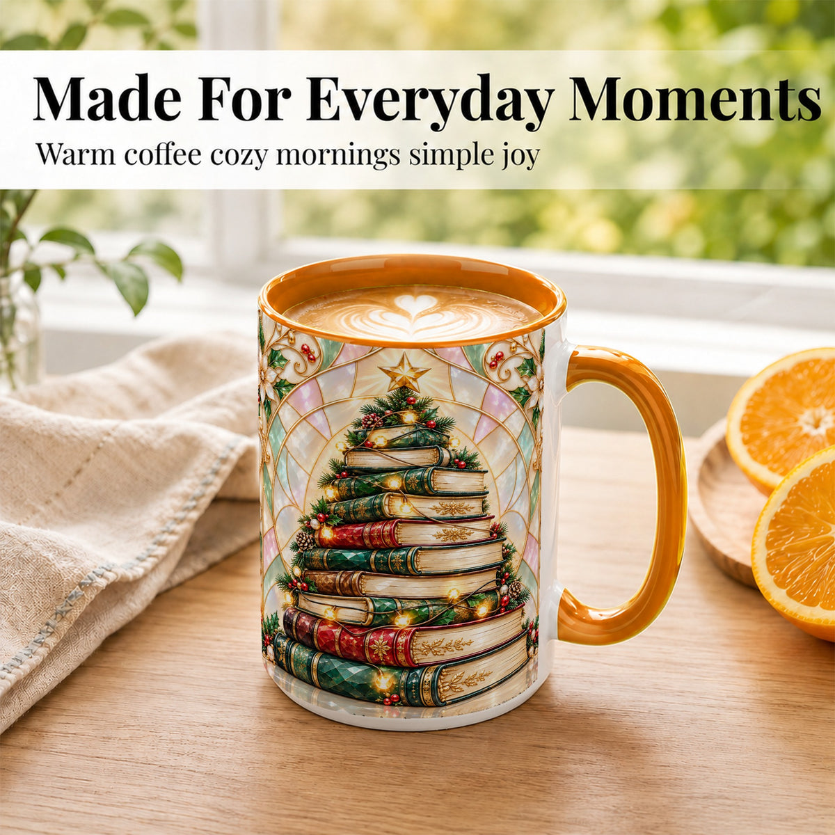 #pl[15oz|Orange] Christmas Book Tree Coffee Mug, Holiday Books Mug, Ceramic Cup