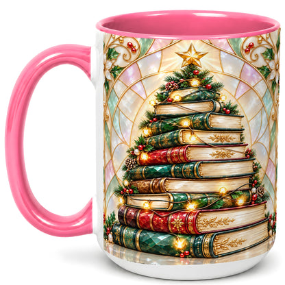 #pl[15oz|Pink] Christmas Book Tree Coffee Mug, Holiday Books Mug, Ceramic Cup