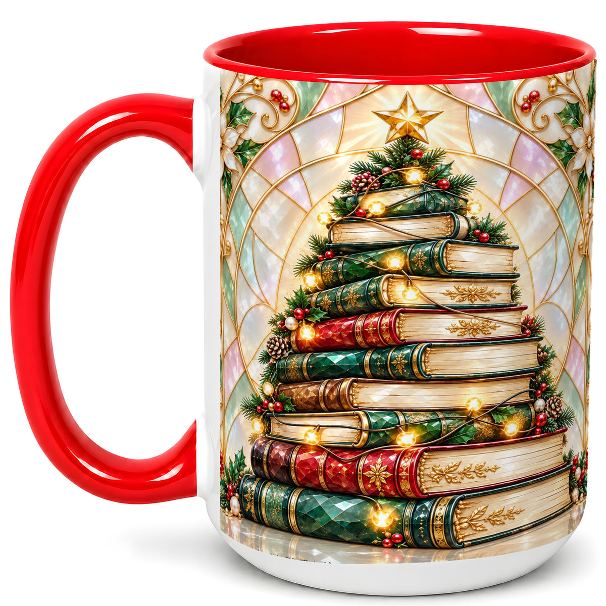 #pl[15oz|Red] Christmas Book Tree Coffee Mug, Holiday Books Mug, Ceramic Cup