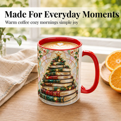#pl[15oz|Red] Christmas Book Tree Coffee Mug, Holiday Books Mug, Ceramic Cup