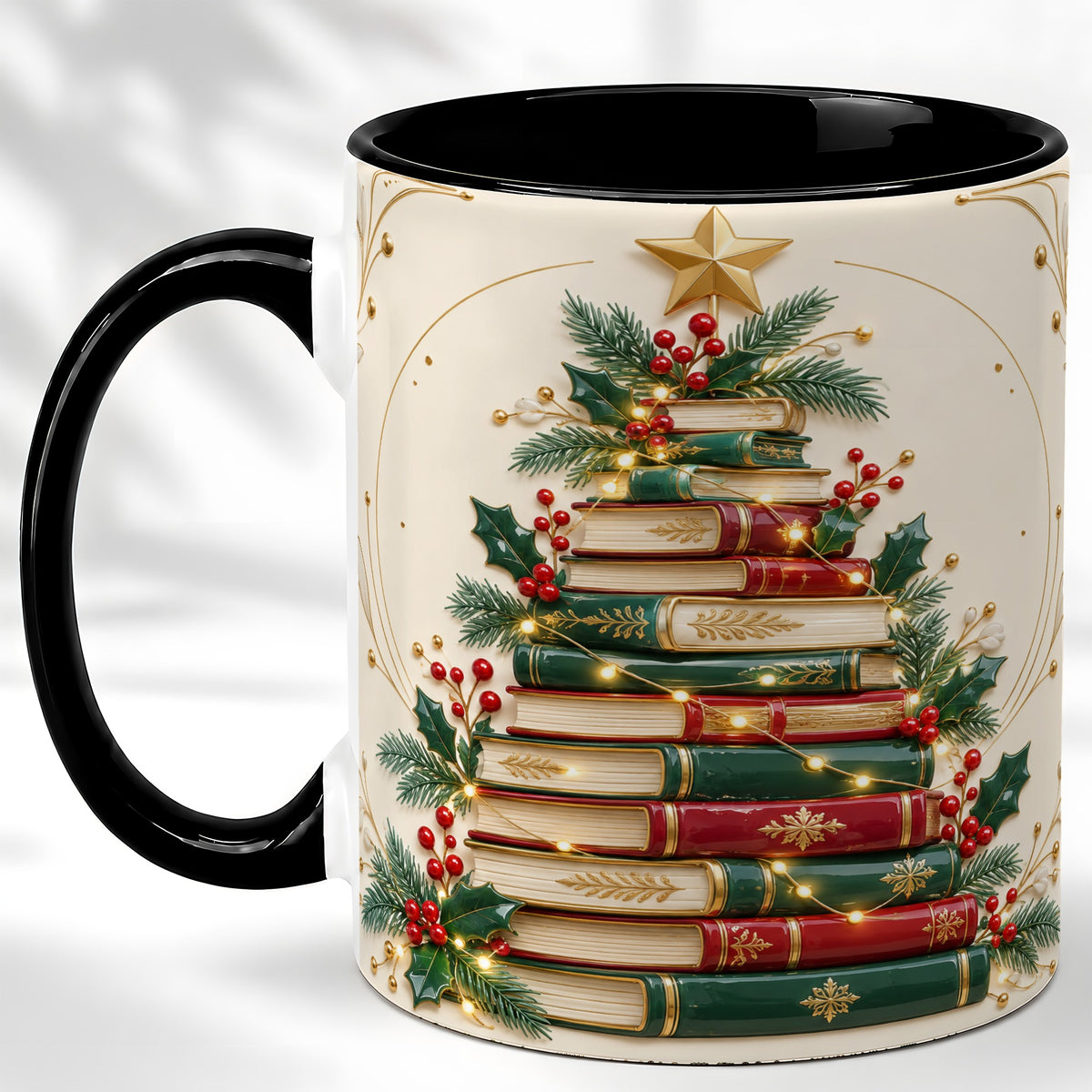 #pl[11oz|Black] Stacked Books Christmas Coffee Mug, Holiday Reading Mug, Ceramic Cup