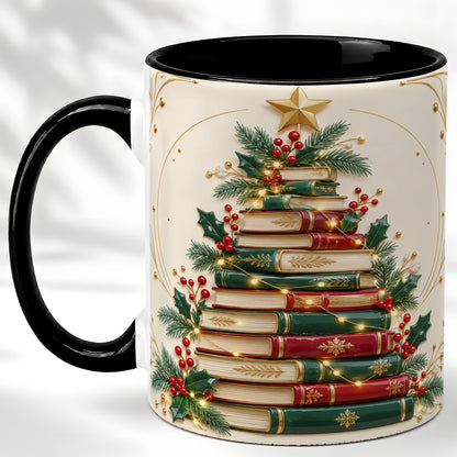 #pl[11oz|Black] Stacked Books Christmas Coffee Mug, Holiday Reading Mug, Ceramic Cup