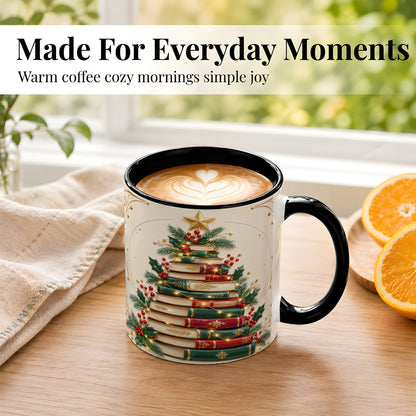 #pl[11oz|Black] Stacked Books Christmas Coffee Mug, Holiday Reading Mug, Ceramic Cup