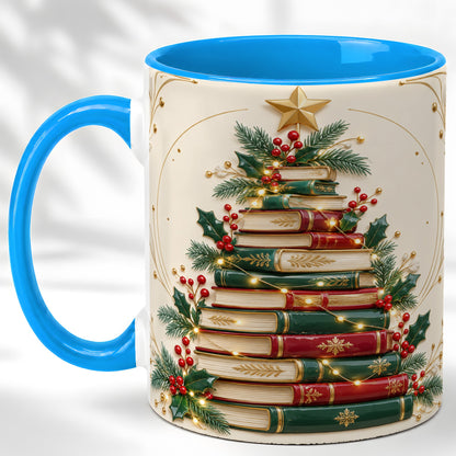 #pl[11oz|Blue] Stacked Books Christmas Coffee Mug, Holiday Reading Mug, Ceramic Cup