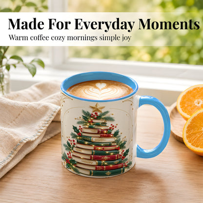 #pl[11oz|Blue] Stacked Books Christmas Coffee Mug, Holiday Reading Mug, Ceramic Cup