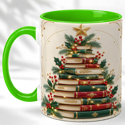 #pl[11oz|Green] Stacked Books Christmas Coffee Mug, Holiday Reading Mug, Ceramic Cup