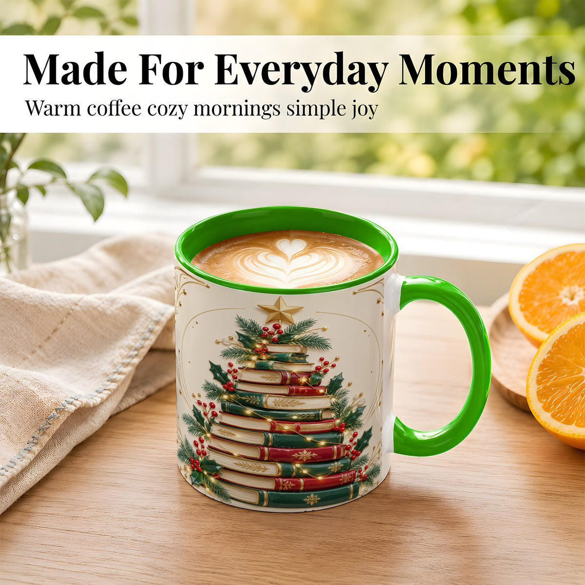 #pl[11oz|Green] Stacked Books Christmas Coffee Mug, Holiday Reading Mug, Ceramic Cup