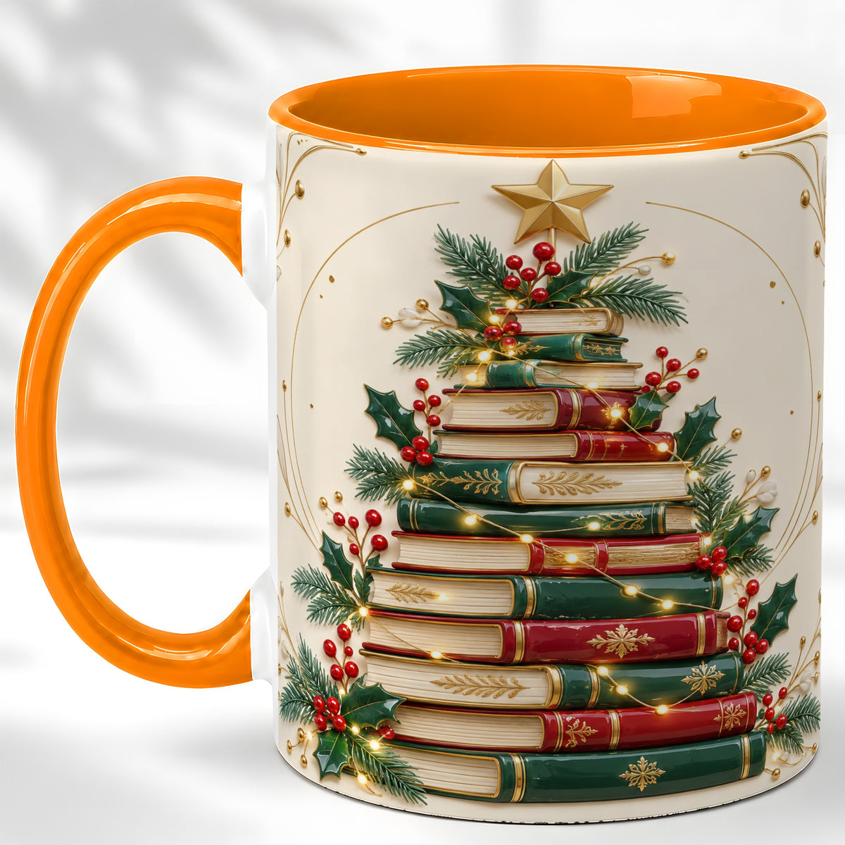 #pl[11oz|Orange] Stacked Books Christmas Coffee Mug, Holiday Reading Mug, Ceramic Cup