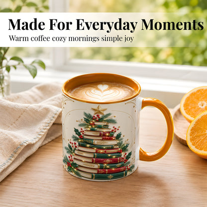 #pl[11oz|Orange] Stacked Books Christmas Coffee Mug, Holiday Reading Mug, Ceramic Cup