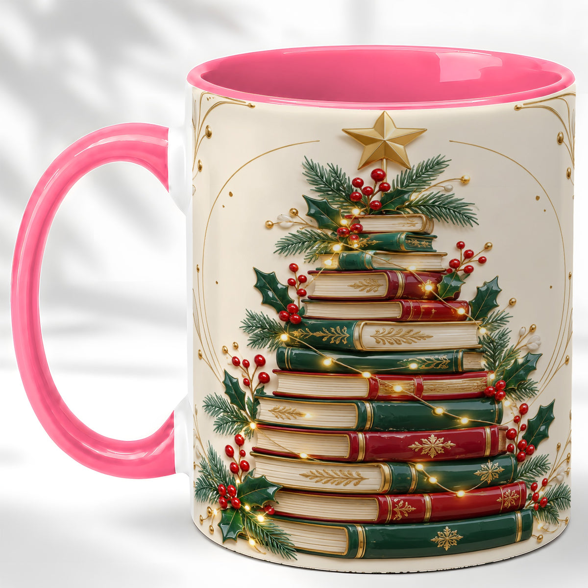 #pl[11oz|Pink] Stacked Books Christmas Coffee Mug, Holiday Reading Mug, Ceramic Cup