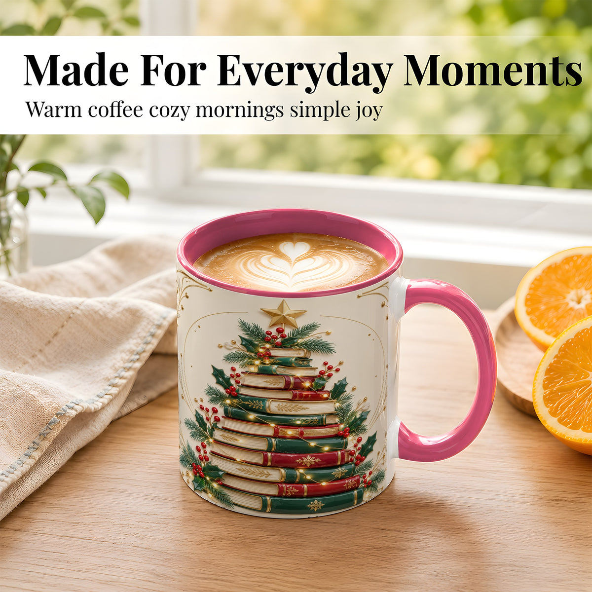 #pl[11oz|Pink] Stacked Books Christmas Coffee Mug, Holiday Reading Mug, Ceramic Cup