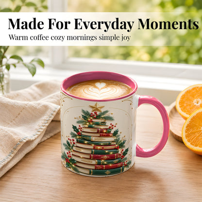 #pl[11oz|Pink] Stacked Books Christmas Coffee Mug, Holiday Reading Mug, Ceramic Cup