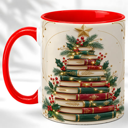 Stacked Books Christmas Coffee Mug, Holiday Reading Mug, Ceramic Cup