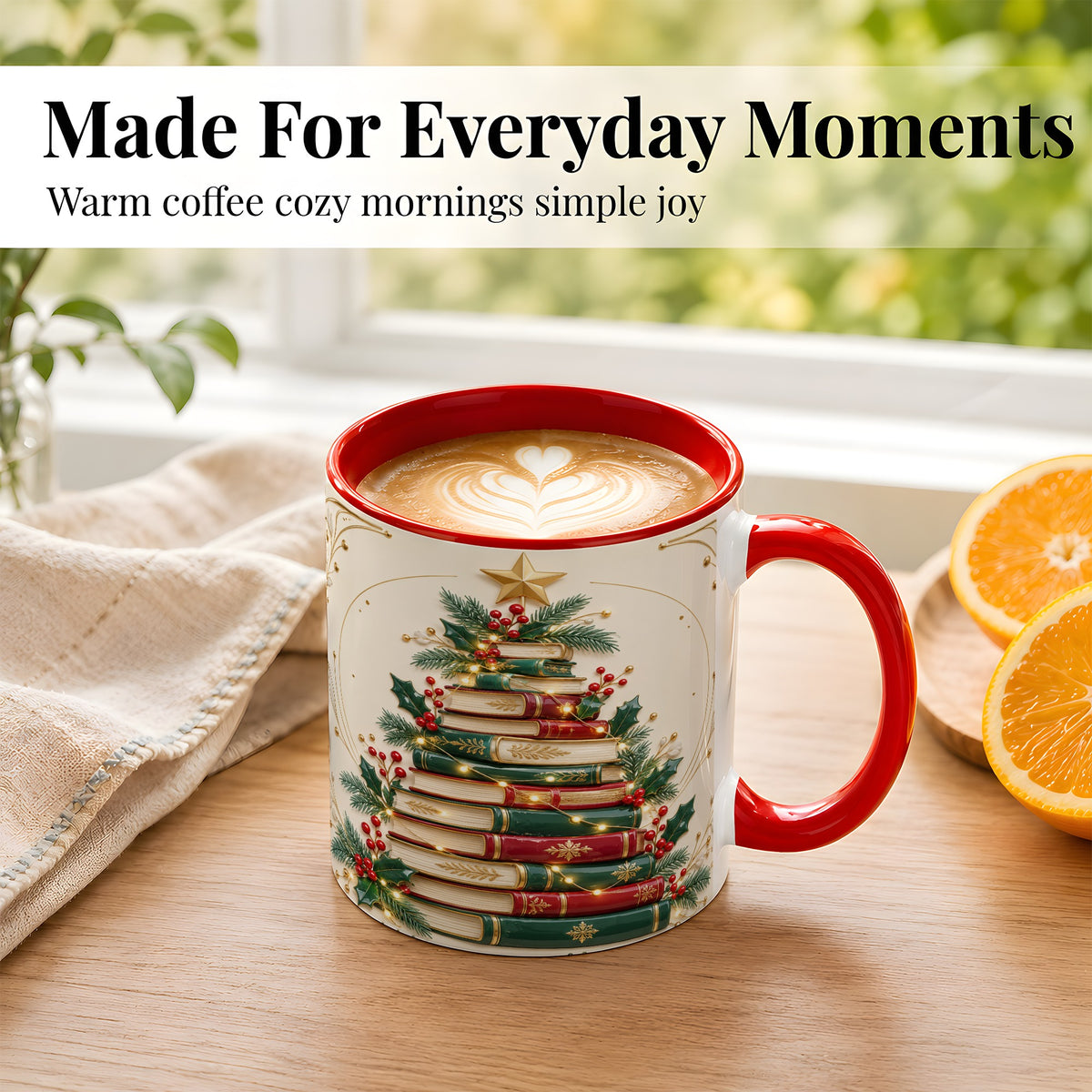 #pl[11oz|Red] Stacked Books Christmas Coffee Mug, Holiday Reading Mug, Ceramic Cup