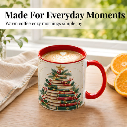 #pl[11oz|Red] Stacked Books Christmas Coffee Mug, Holiday Reading Mug, Ceramic Cup