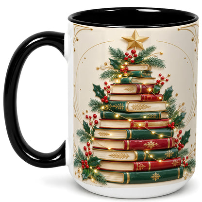 #pl[15oz|Black] Stacked Books Christmas Coffee Mug, Holiday Reading Mug, Ceramic Cup