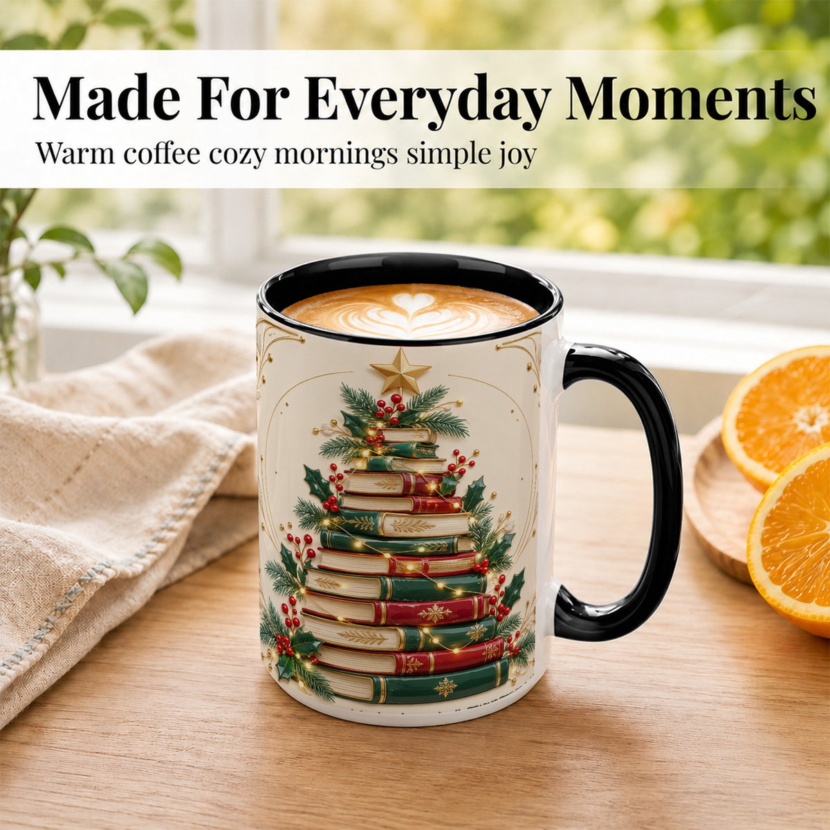 #pl[15oz|Black] Stacked Books Christmas Coffee Mug, Holiday Reading Mug, Ceramic Cup
