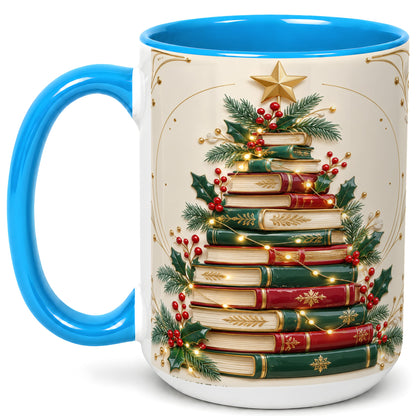 #pl[15oz|Blue] Stacked Books Christmas Coffee Mug, Holiday Reading Mug, Ceramic Cup