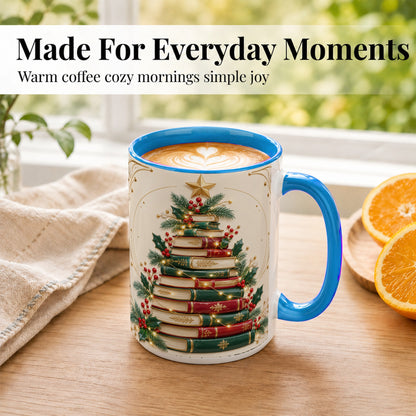 #pl[15oz|Blue] Stacked Books Christmas Coffee Mug, Holiday Reading Mug, Ceramic Cup