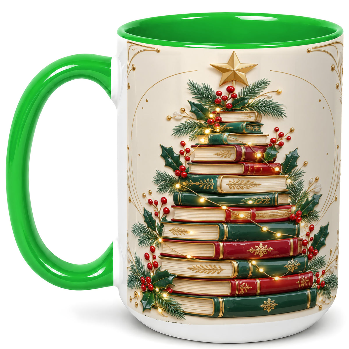 #pl[15oz|Green] Stacked Books Christmas Coffee Mug, Holiday Reading Mug, Ceramic Cup