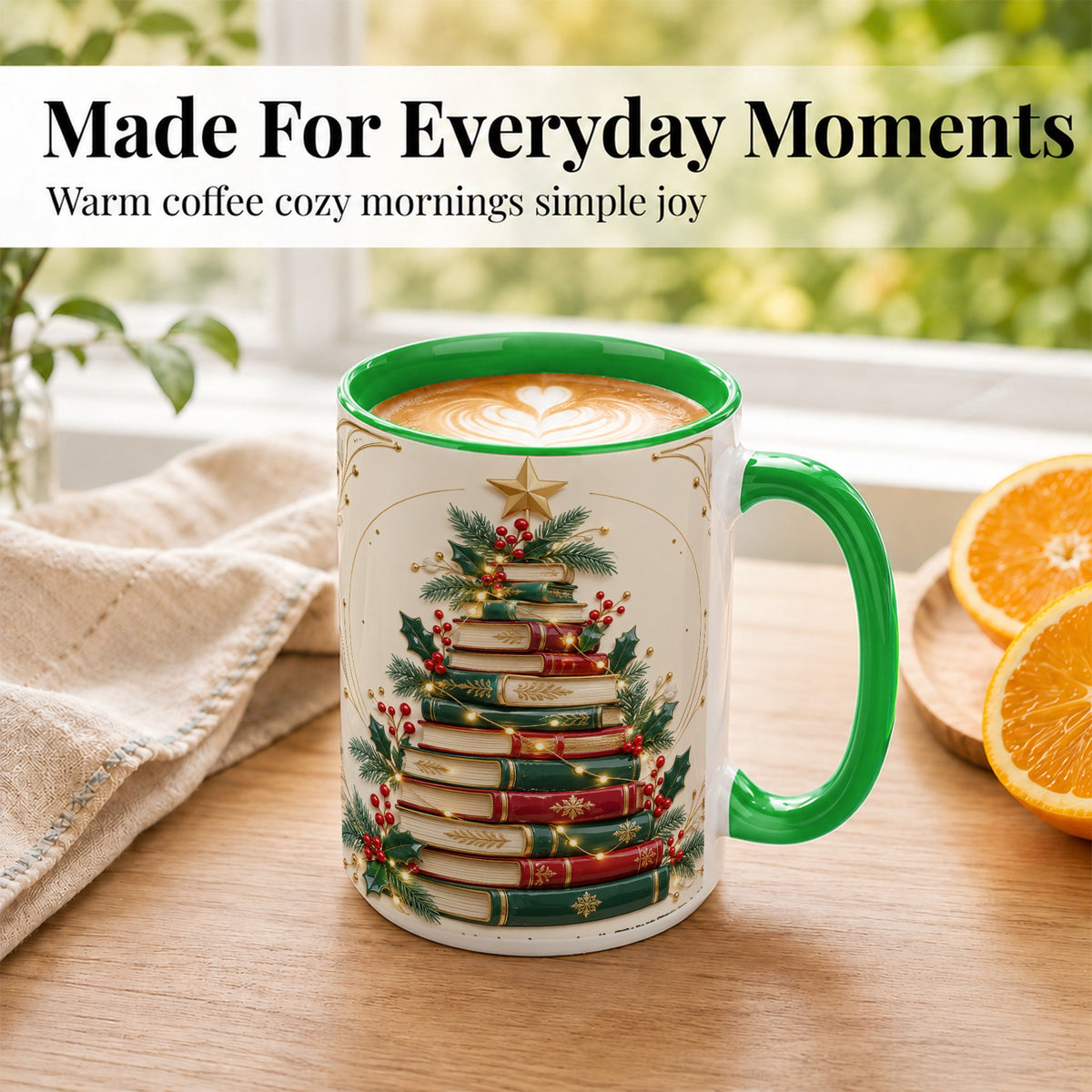 #pl[15oz|Green] Stacked Books Christmas Coffee Mug, Holiday Reading Mug, Ceramic Cup